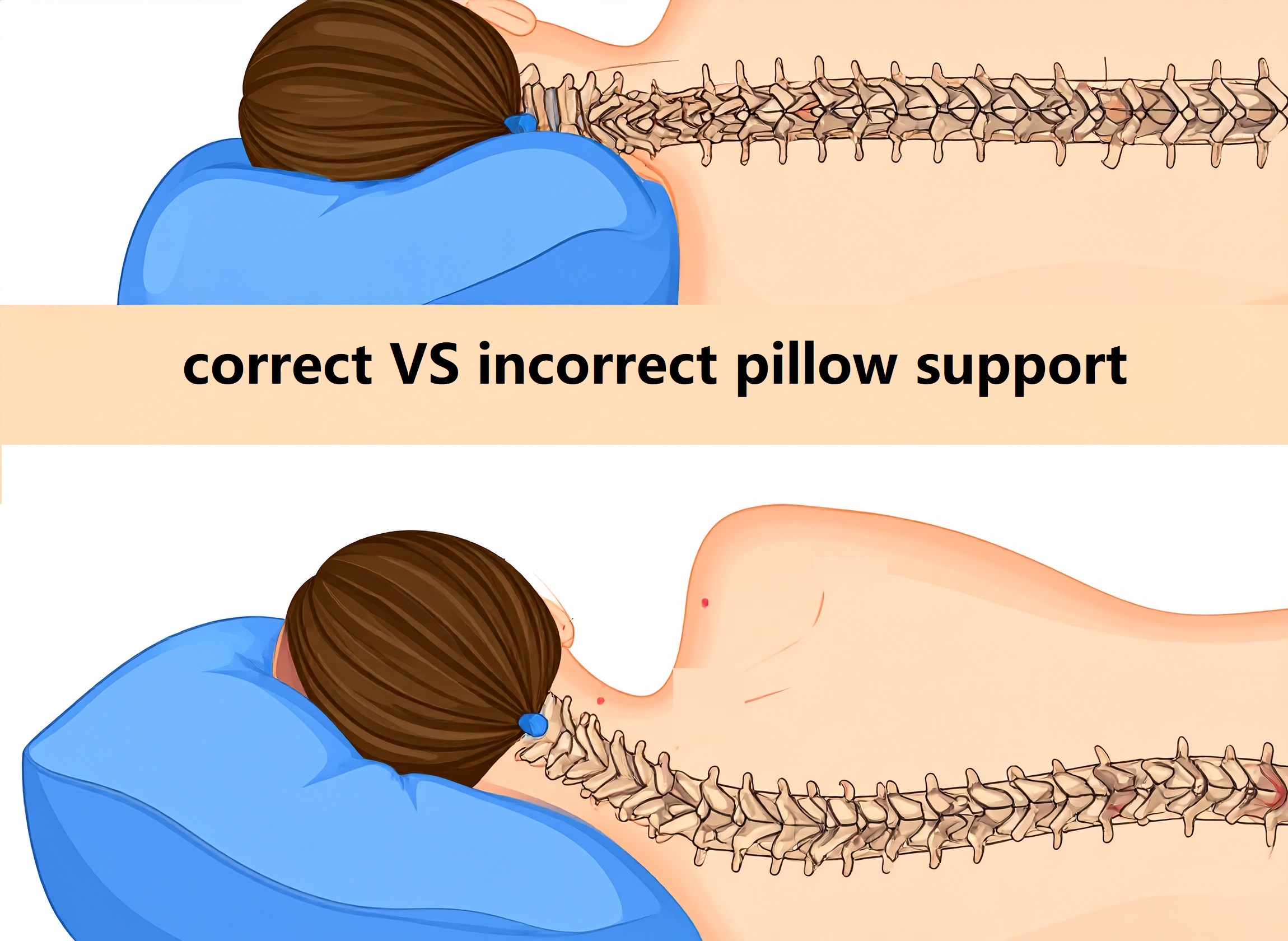 Neck alignment comparison: correct vs. incorrect pillow support